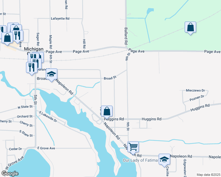 map of restaurants, bars, coffee shops, grocery stores, and more near 437 7th Street in Michigan Center