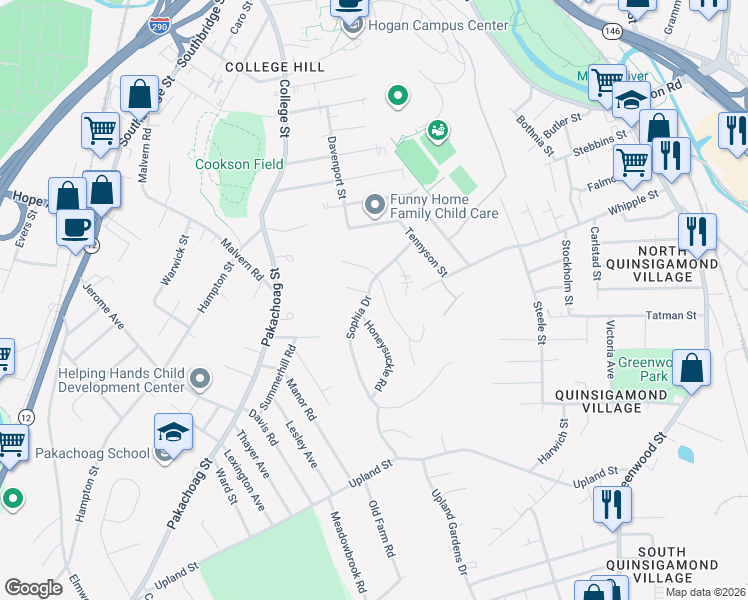 map of restaurants, bars, coffee shops, grocery stores, and more near 15 Bittersweet Boulevard in Worcester