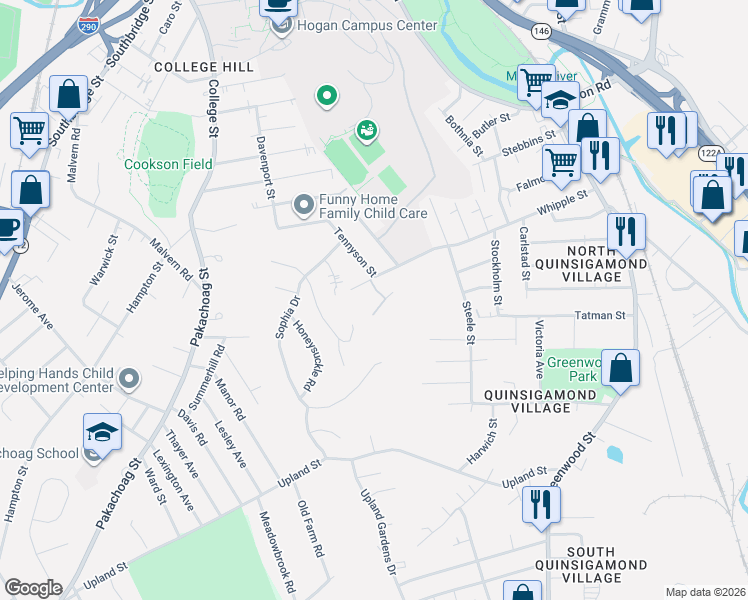 map of restaurants, bars, coffee shops, grocery stores, and more near 101 Whipple Street in Worcester
