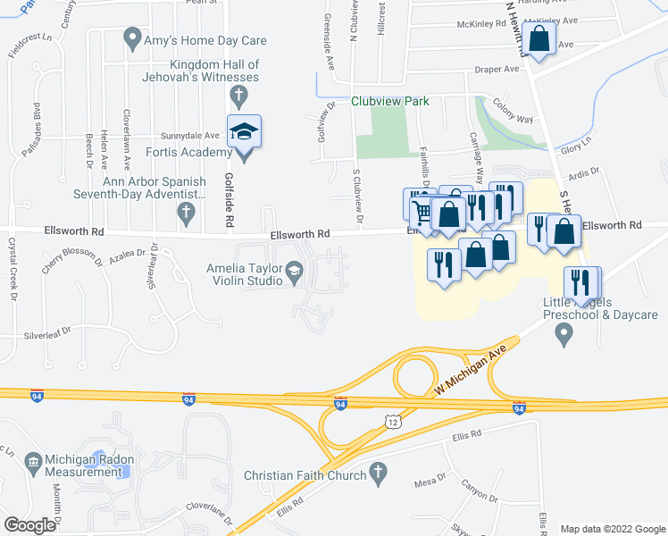 map of restaurants, bars, coffee shops, grocery stores, and more near 2972 Roundtree Boulevard in Ypsilanti