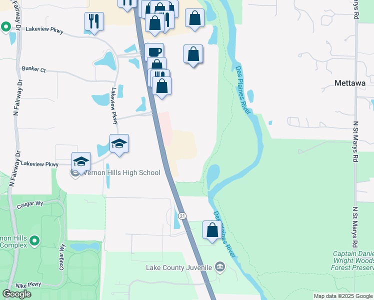 map of restaurants, bars, coffee shops, grocery stores, and more near 195 North Milwaukee Avenue in Vernon Hills
