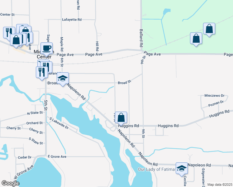 map of restaurants, bars, coffee shops, grocery stores, and more near 437 7th Street in Michigan Center
