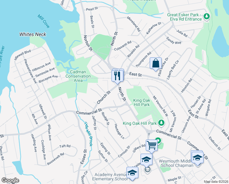 map of restaurants, bars, coffee shops, grocery stores, and more near 585 North Street in Weymouth