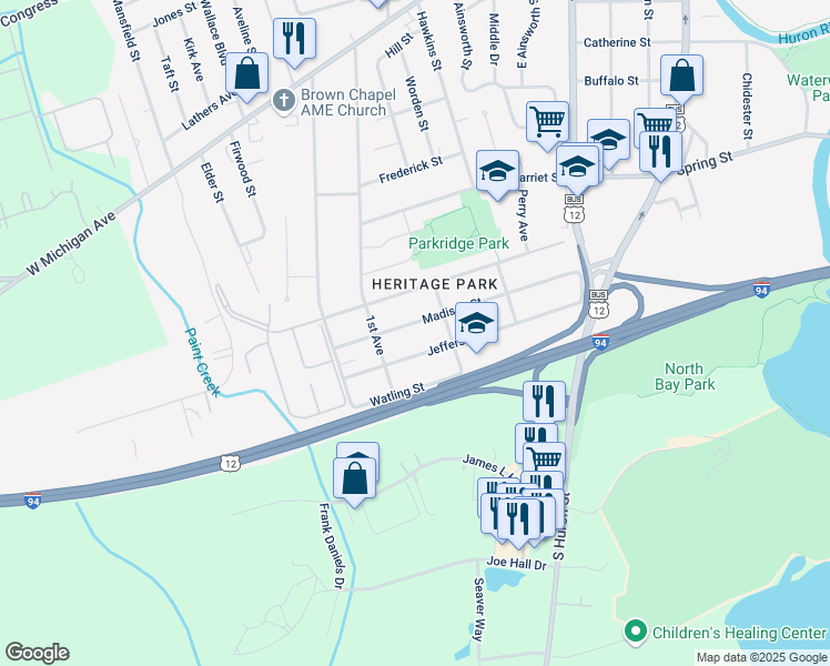 map of restaurants, bars, coffee shops, grocery stores, and more near 936 Madison Street in Ypsilanti
