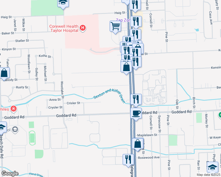 map of restaurants, bars, coffee shops, grocery stores, and more near 24336 Melody Lane in Taylor