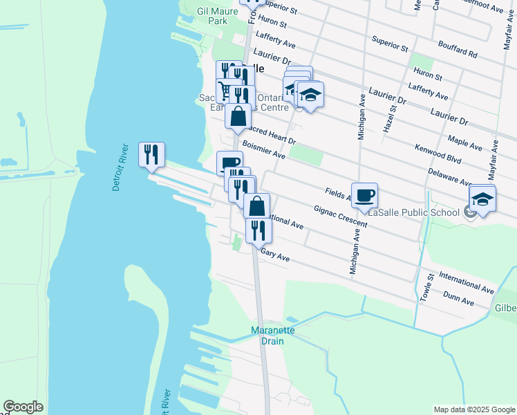 map of restaurants, bars, coffee shops, grocery stores, and more near 135 International Avenue in Windsor
