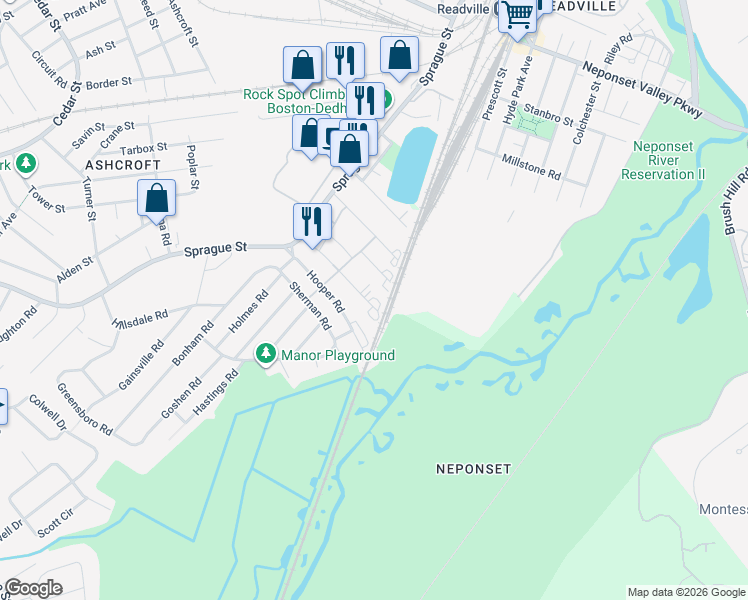 map of restaurants, bars, coffee shops, grocery stores, and more near 72 Durham Road in Dedham
