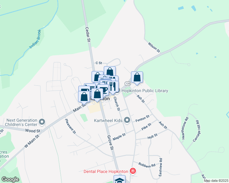 map of restaurants, bars, coffee shops, grocery stores, and more near 10 Main Street in Hopkinton