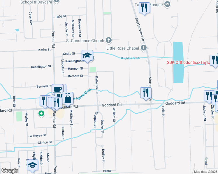 map of restaurants, bars, coffee shops, grocery stores, and more near 10733 Katherine Street in Taylor