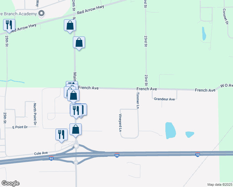 map of restaurants, bars, coffee shops, grocery stores, and more near 23497 French Avenue in Mattawan