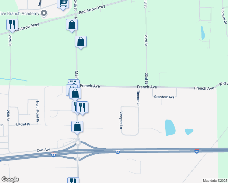 map of restaurants, bars, coffee shops, grocery stores, and more near 23497 French Avenue in Mattawan