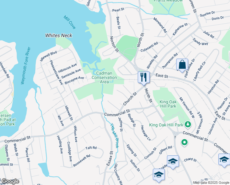 map of restaurants, bars, coffee shops, grocery stores, and more near 52 Tick Tock Lane in Weymouth