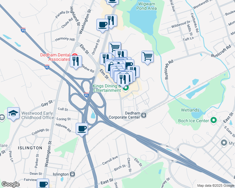 map of restaurants, bars, coffee shops, grocery stores, and more near 189 Elm Street in Dedham