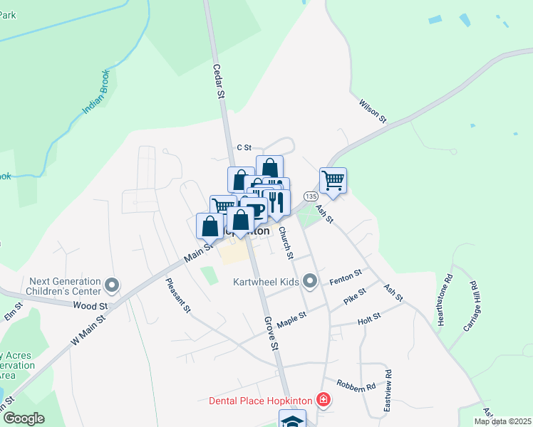 map of restaurants, bars, coffee shops, grocery stores, and more near 10 Main Street in Hopkinton