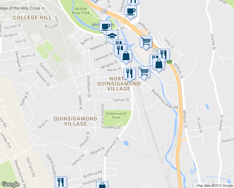 map of restaurants, bars, coffee shops, grocery stores, and more near 12 Kosta Street in Worcester