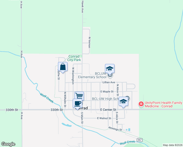 map of restaurants, bars, coffee shops, grocery stores, and more near in Conrad