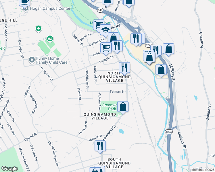 map of restaurants, bars, coffee shops, grocery stores, and more near 28 Kosta Street in Worcester