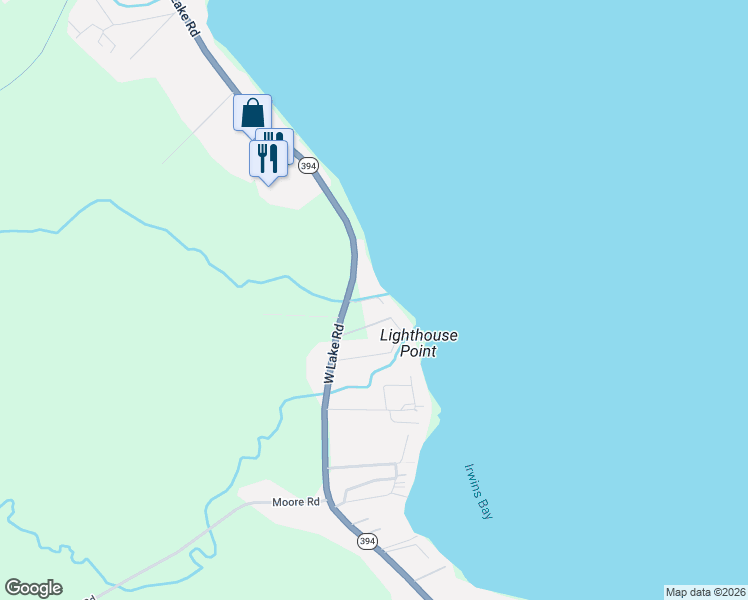 map of restaurants, bars, coffee shops, grocery stores, and more near 5324 West Lake Road in Mayville