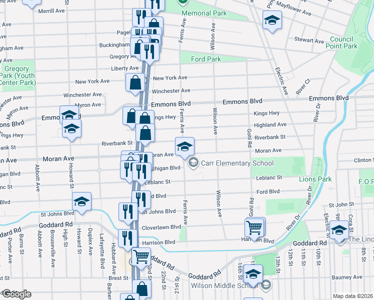 map of restaurants, bars, coffee shops, grocery stores, and more near 981 Riverbank Street in Lincoln Park