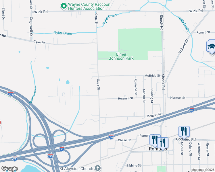 map of restaurants, bars, coffee shops, grocery stores, and more near 10145 Ozga Street in Romulus