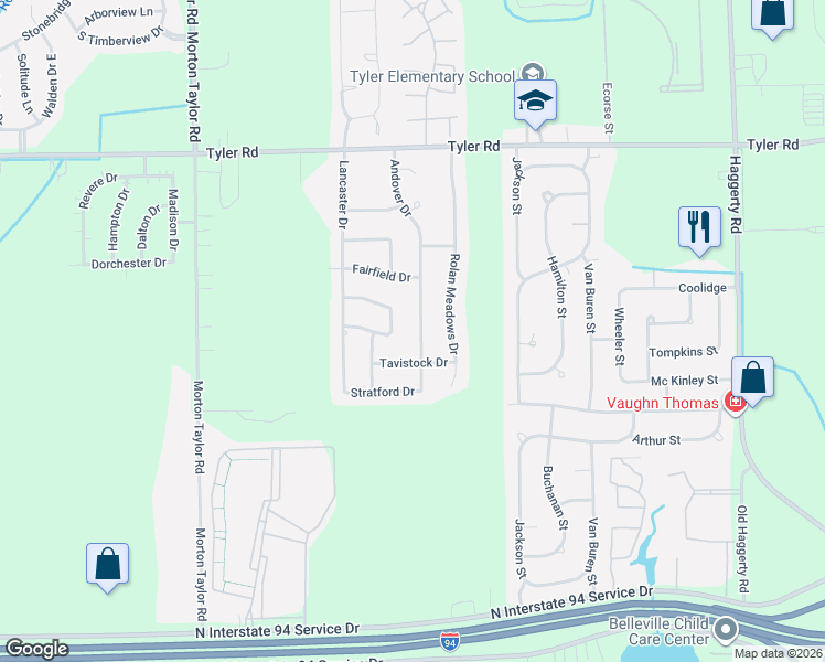 map of restaurants, bars, coffee shops, grocery stores, and more near 9899 Andover Drive in Belleville