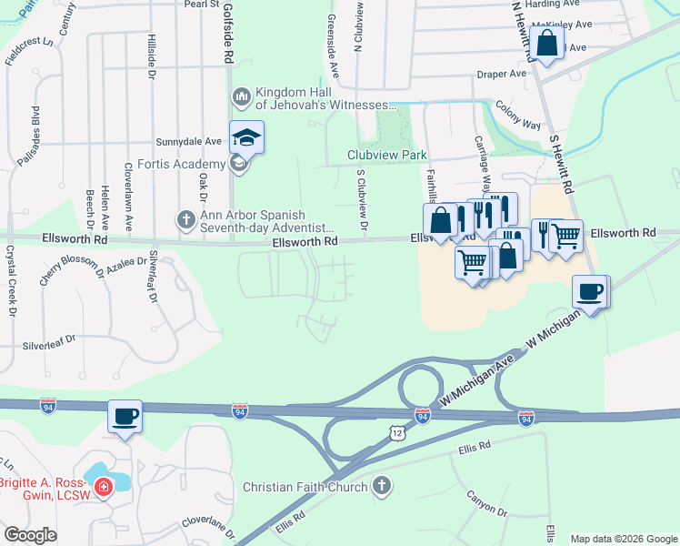 map of restaurants, bars, coffee shops, grocery stores, and more near 2972 Roundtree Boulevard in Ypsilanti