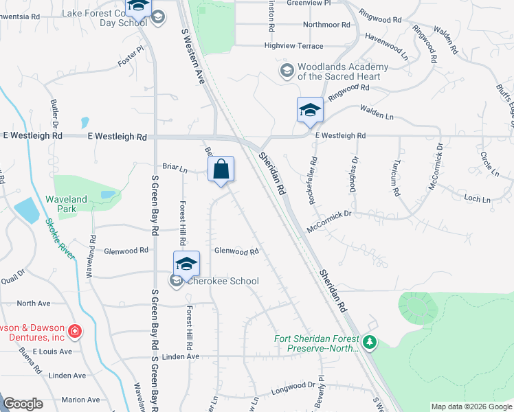map of restaurants, bars, coffee shops, grocery stores, and more near 599 Beverly Place in Lake Forest