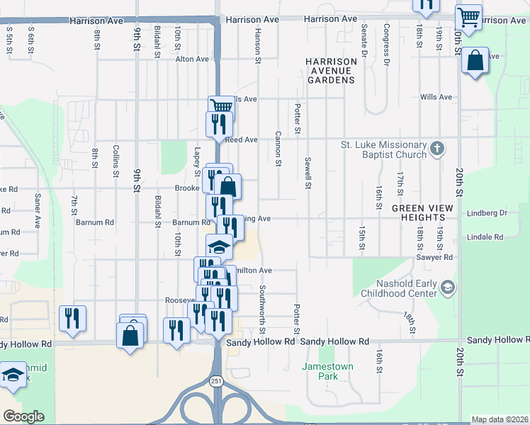 map of restaurants, bars, coffee shops, grocery stores, and more near 1646 Pershing Avenue in Rockford