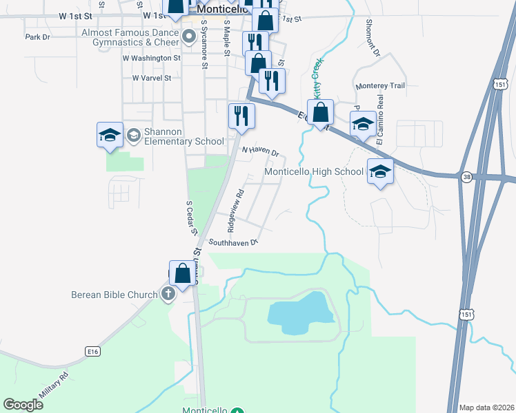 map of restaurants, bars, coffee shops, grocery stores, and more near 801-849 Timberline Road in Monticello