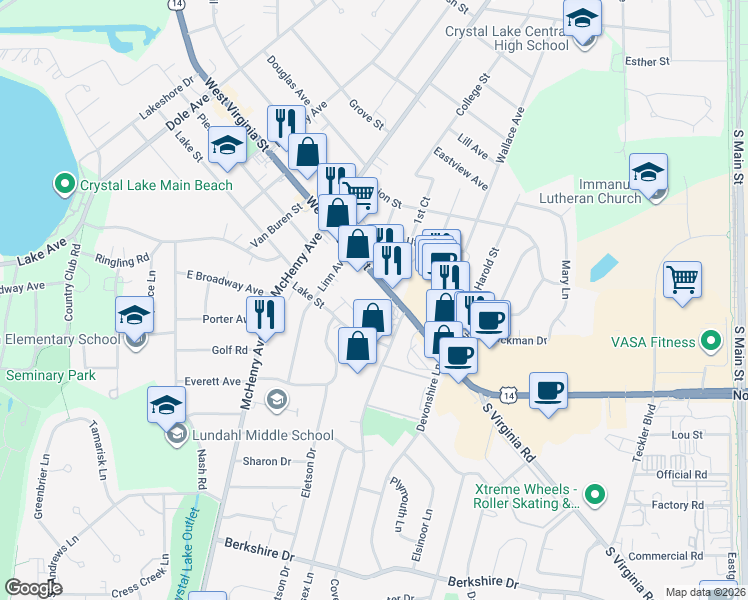 map of restaurants, bars, coffee shops, grocery stores, and more near 265 West Virginia Street in Crystal Lake