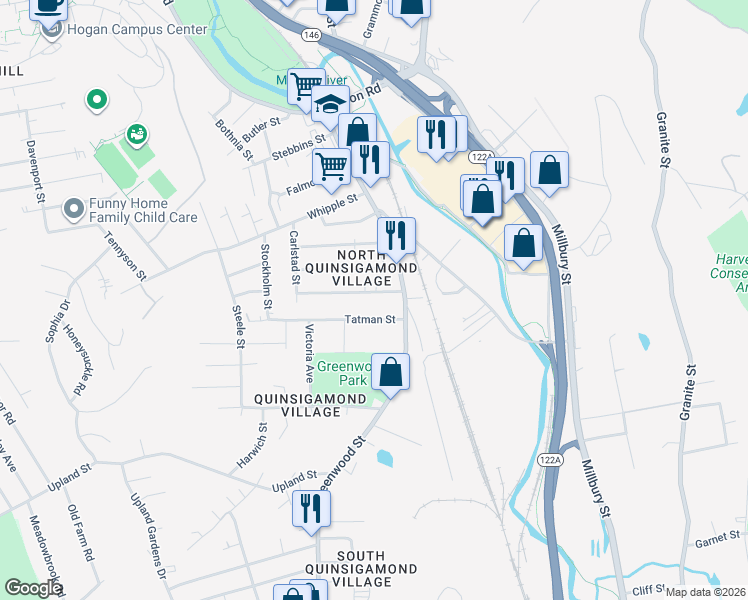 map of restaurants, bars, coffee shops, grocery stores, and more near 12 Kosta Street in Worcester