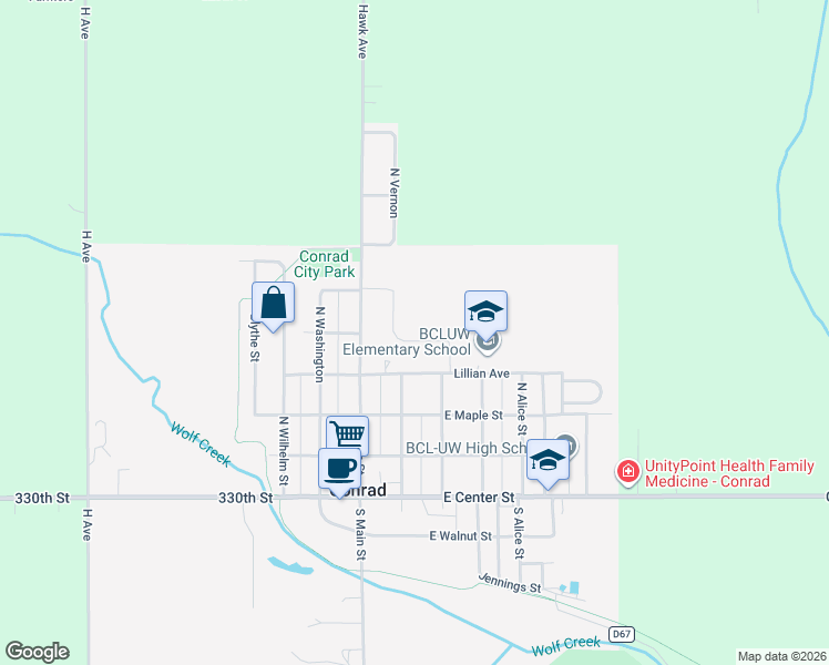 map of restaurants, bars, coffee shops, grocery stores, and more near in Conrad