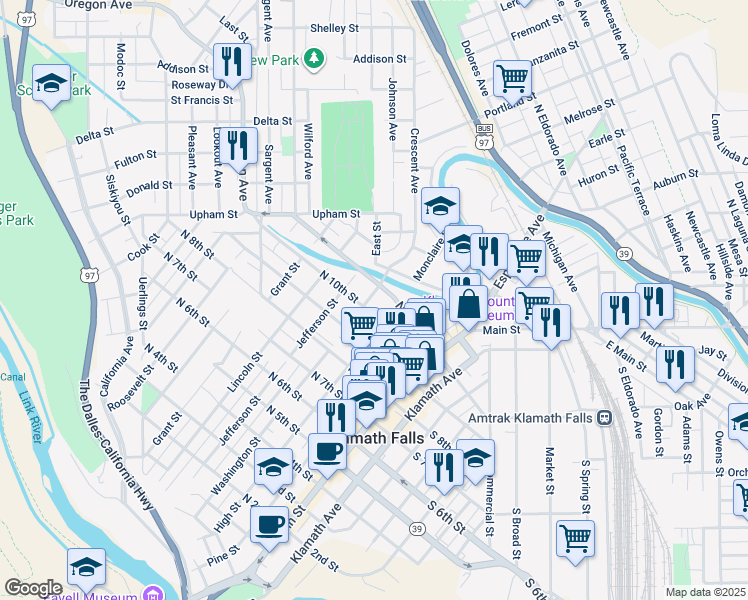 map of restaurants, bars, coffee shops, grocery stores, and more near 1014 Washington Street in Klamath Falls