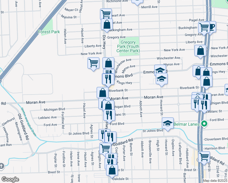 map of restaurants, bars, coffee shops, grocery stores, and more near 1842 Riverbank Street in Lincoln Park