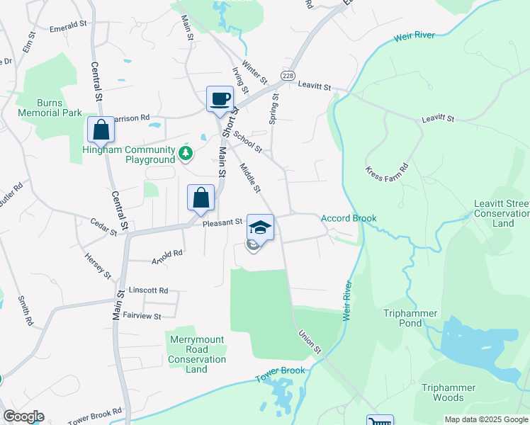 map of restaurants, bars, coffee shops, grocery stores, and more near 50 Pleasant Street in Hingham