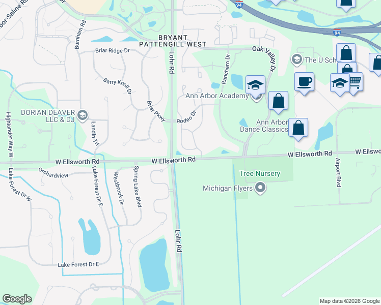 map of restaurants, bars, coffee shops, grocery stores, and more near 3950 Bridle Pass in Ann Arbor