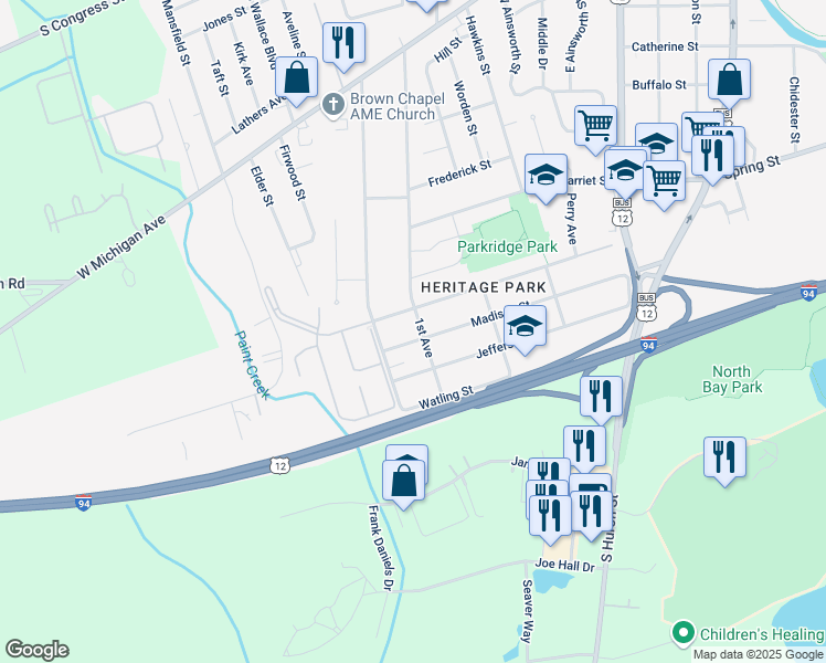 map of restaurants, bars, coffee shops, grocery stores, and more near 986 Madison Street in Ypsilanti