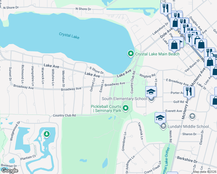 map of restaurants, bars, coffee shops, grocery stores, and more near 750 Broadway Avenue in Crystal Lake