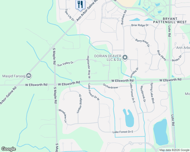 map of restaurants, bars, coffee shops, grocery stores, and more near 2163 Vail Court in Ann Arbor