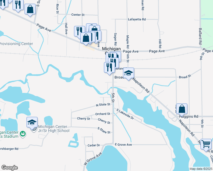 map of restaurants, bars, coffee shops, grocery stores, and more near in Michigan Center