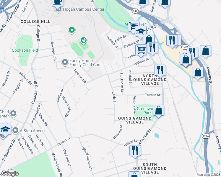 map of restaurants, bars, coffee shops, grocery stores, and more near 16 Steele Street in Worcester