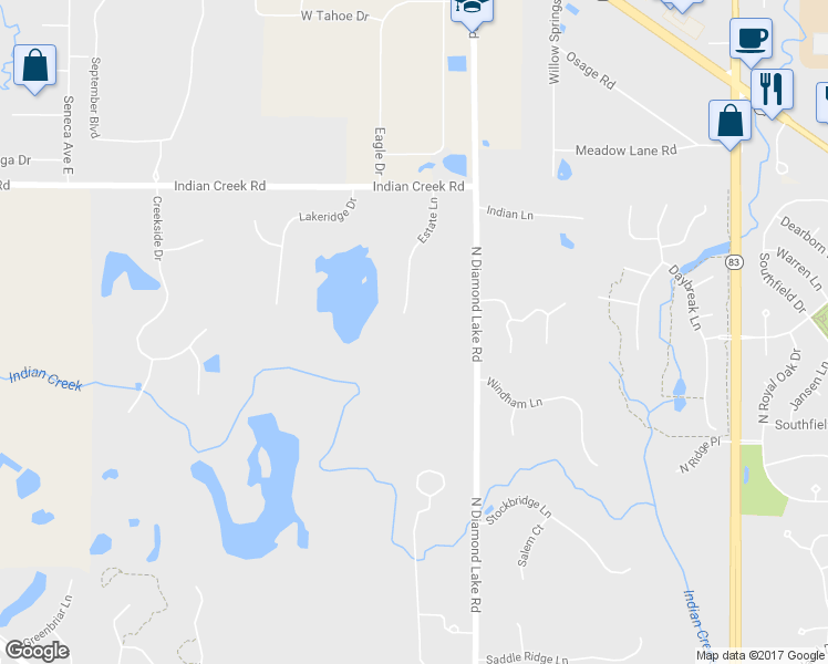 map of restaurants, bars, coffee shops, grocery stores, and more near 6736 Estate Lane in Long Grove