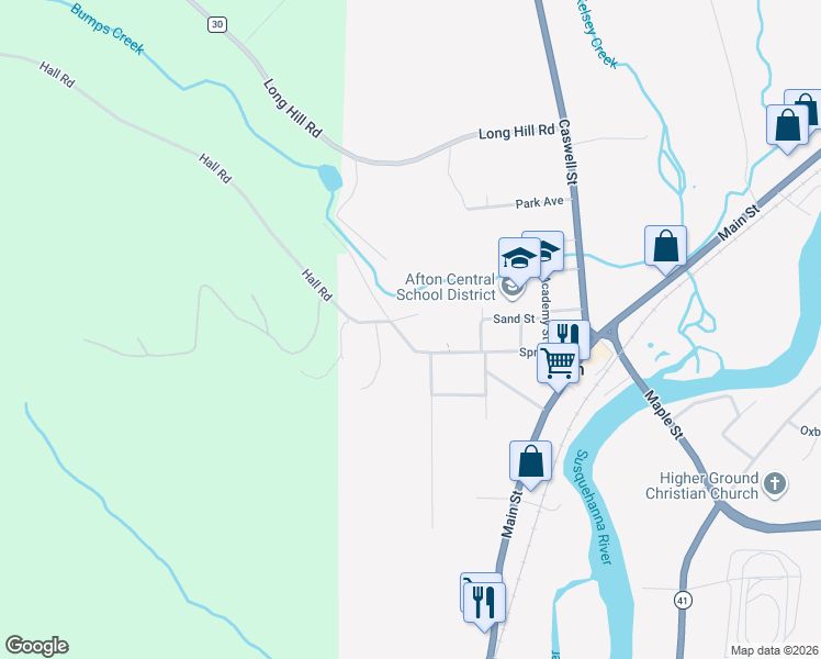 map of restaurants, bars, coffee shops, grocery stores, and more near 84 Spring St in Afton