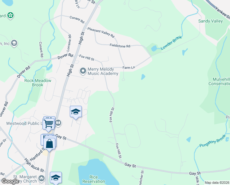 map of restaurants, bars, coffee shops, grocery stores, and more near 228 Fox Hill Street in Westwood