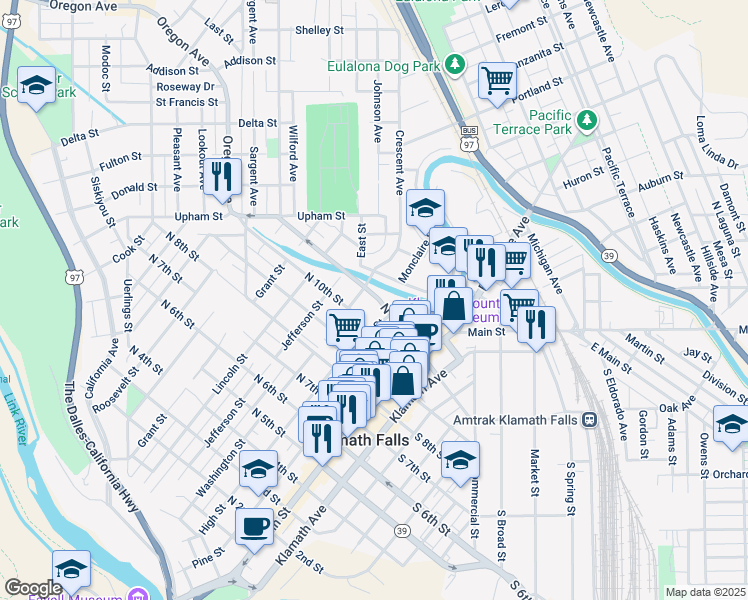 map of restaurants, bars, coffee shops, grocery stores, and more near 312 North 11th Street in Klamath Falls