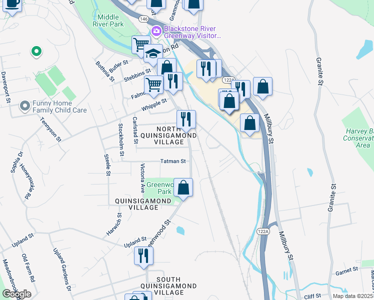 map of restaurants, bars, coffee shops, grocery stores, and more near in Worcester