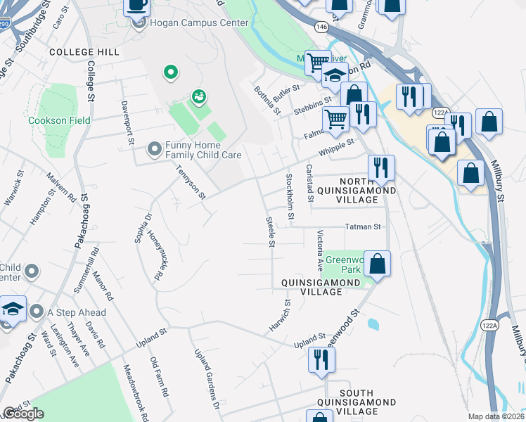 map of restaurants, bars, coffee shops, grocery stores, and more near 16 Steele Street in Worcester