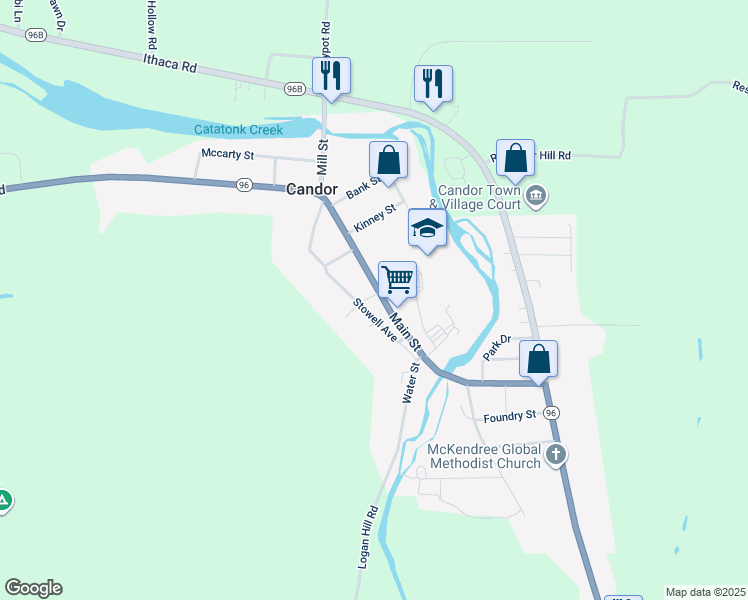 map of restaurants, bars, coffee shops, grocery stores, and more near 92-112 Main Street in Candor