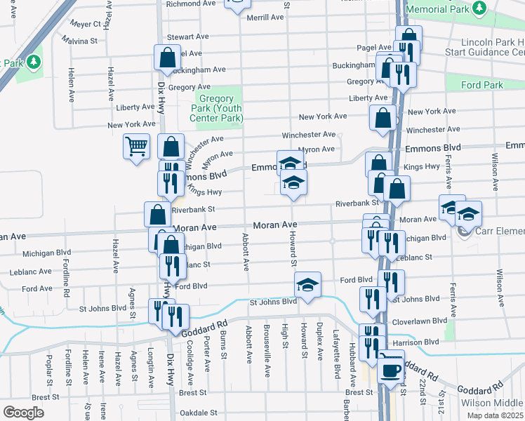 map of restaurants, bars, coffee shops, grocery stores, and more near 1661 Riverbank Street in Lincoln Park