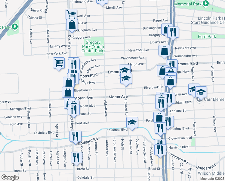 map of restaurants, bars, coffee shops, grocery stores, and more near 1661 Riverbank Street in Lincoln Park